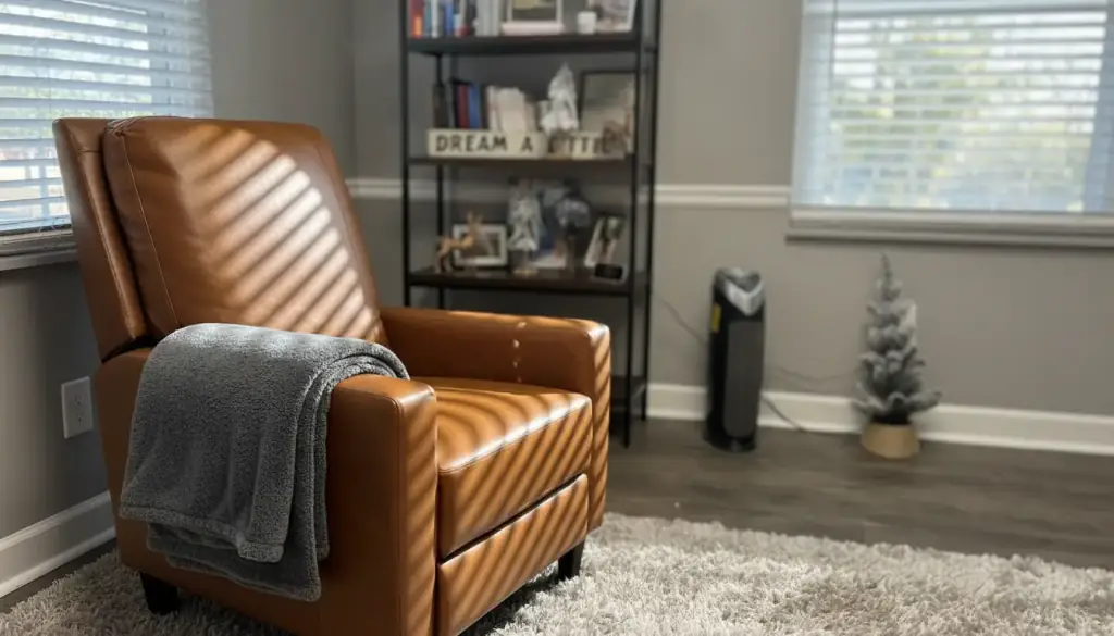 A grey wool throw over the arm of the leather recliner in window light