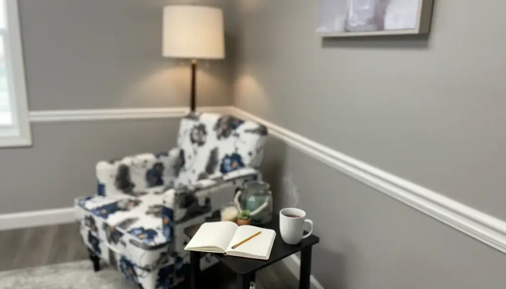 An open notebook and pencil on a side table beside an armchair